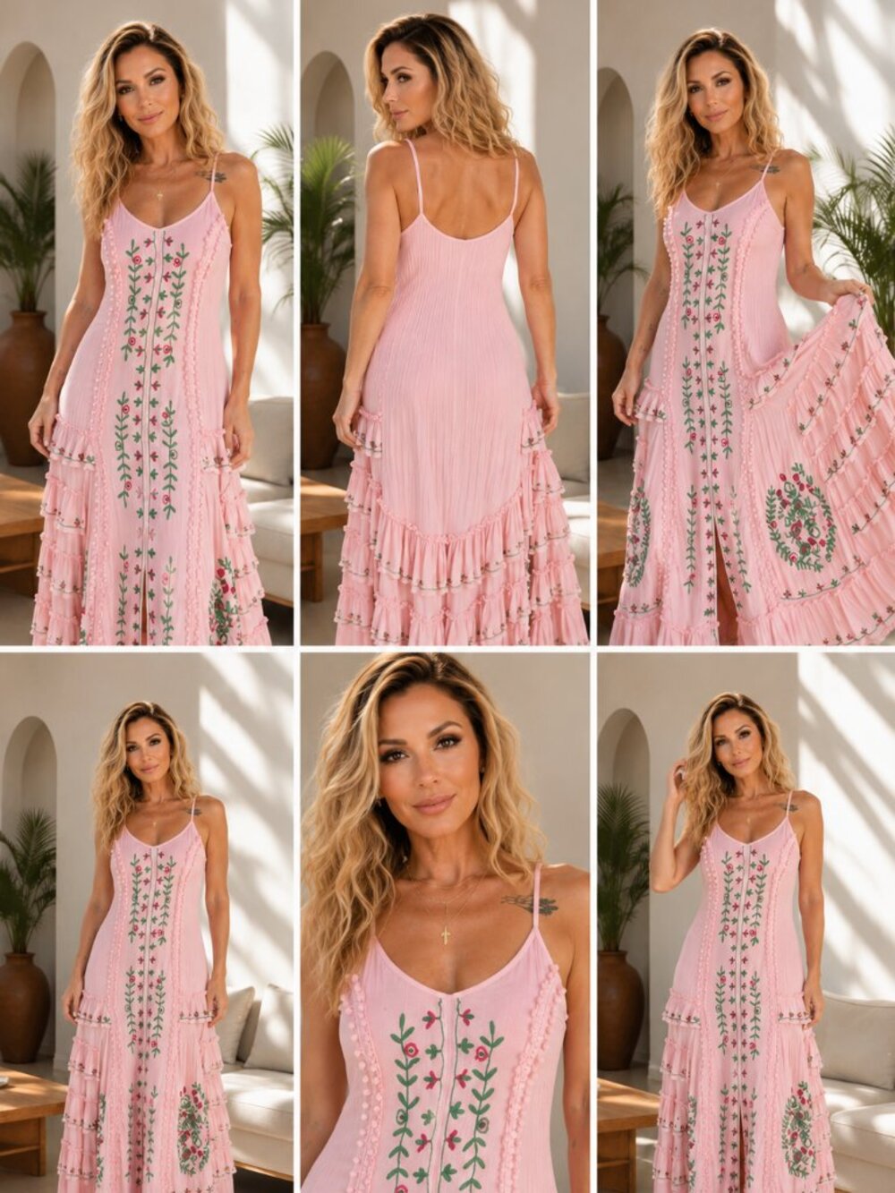 TALISMAN Pink Embroidered Boho Maxi Dress Small Romantic Resort Cottagecore